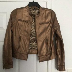 SOLD Metallic Bronze Copper Leather Jacket Size 8 Leopard Print Lining